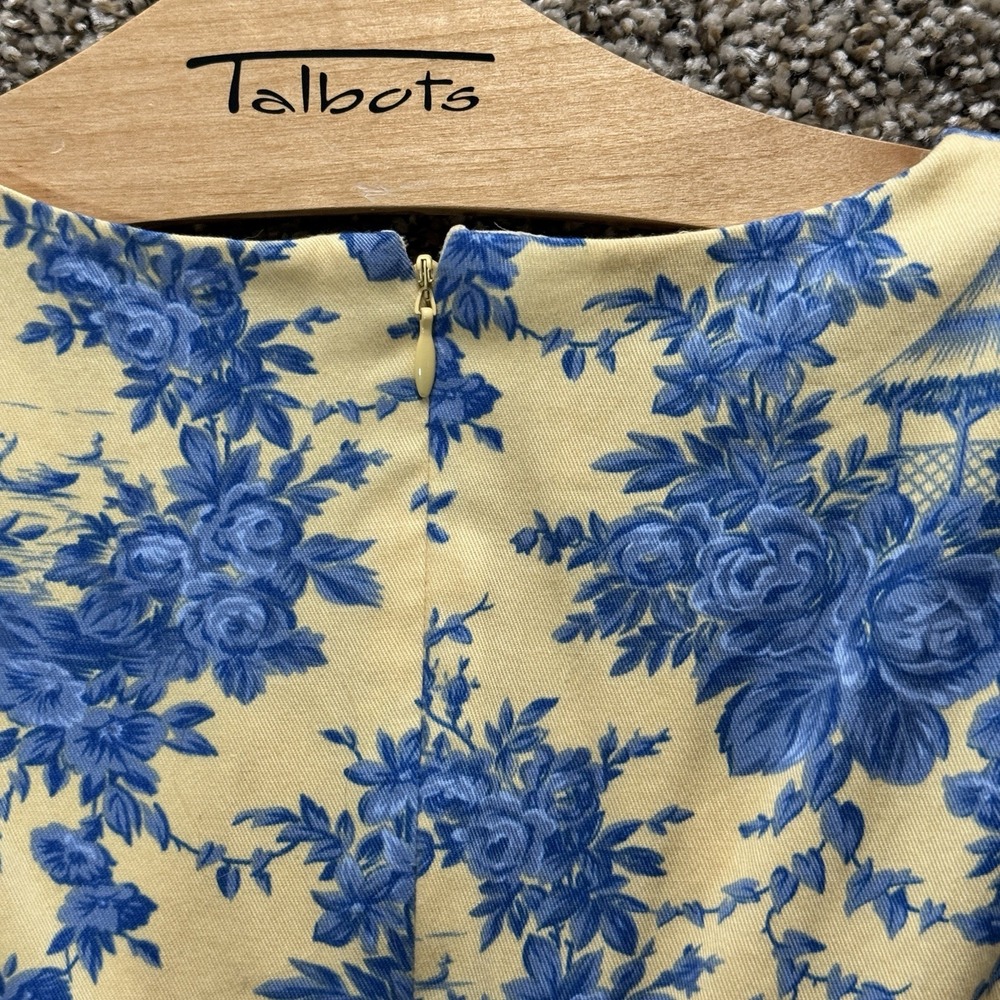 Talbots Petites Size 2 Yellow Blue Toile‎ Print Shift Dress Cotton V-Neck Floral - Picture 8 of 12